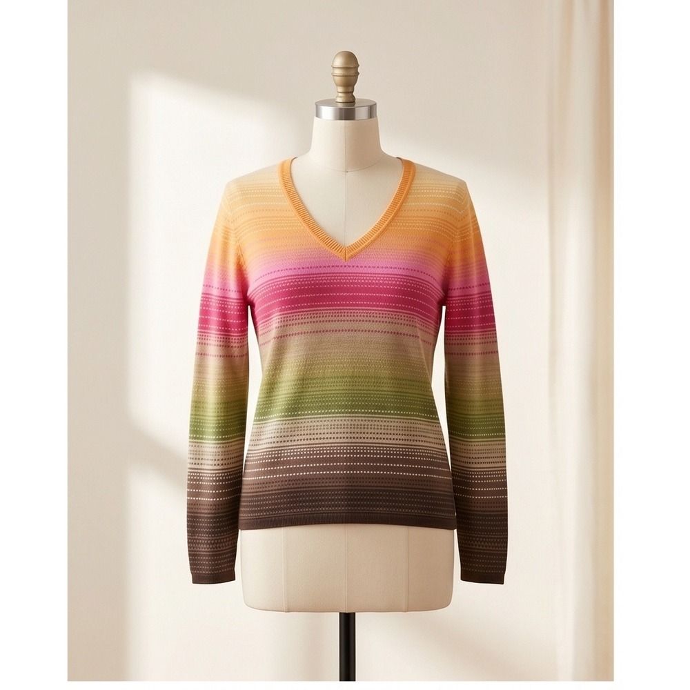 Talbots Petites PL V-Neck Sweater Womens Vintage Y2K Petite Large Striped Ombre